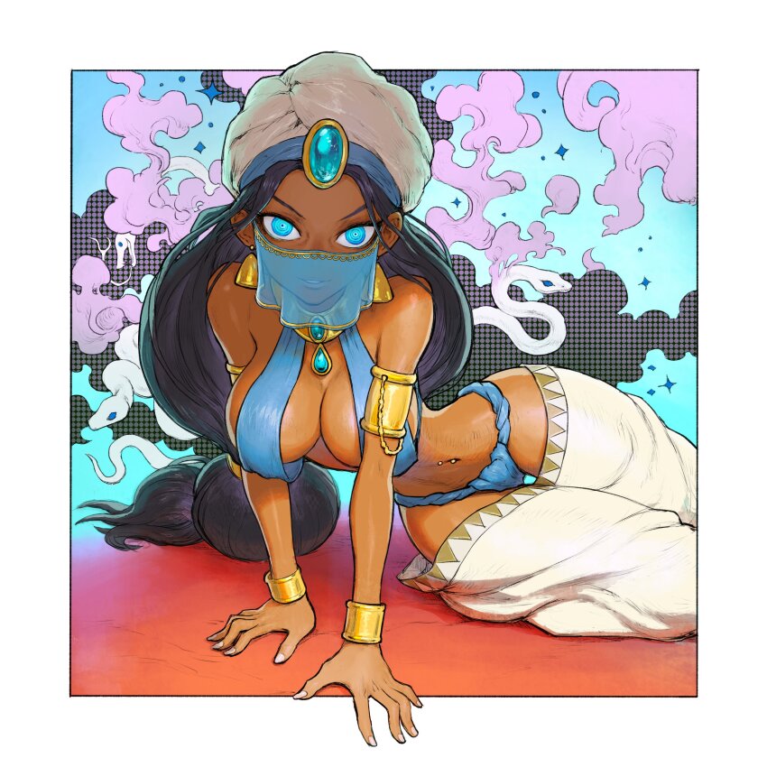 1girl absurdres armlet black_hair blue_eyes blue_fundoshi border bracelet breasts cleavage commentary dark-skinned_female dark_skin dattosan earrings english_commentary fingernails fundoshi gem gold highres japanese_clothes jewelry long_hair low-tied_long_hair mouth_veil navel_piercing original outside_border parted_lips piercing ponytail revealing_clothes ringed_eyes snake solo teeth veil very_long_hair white_border white_headdress