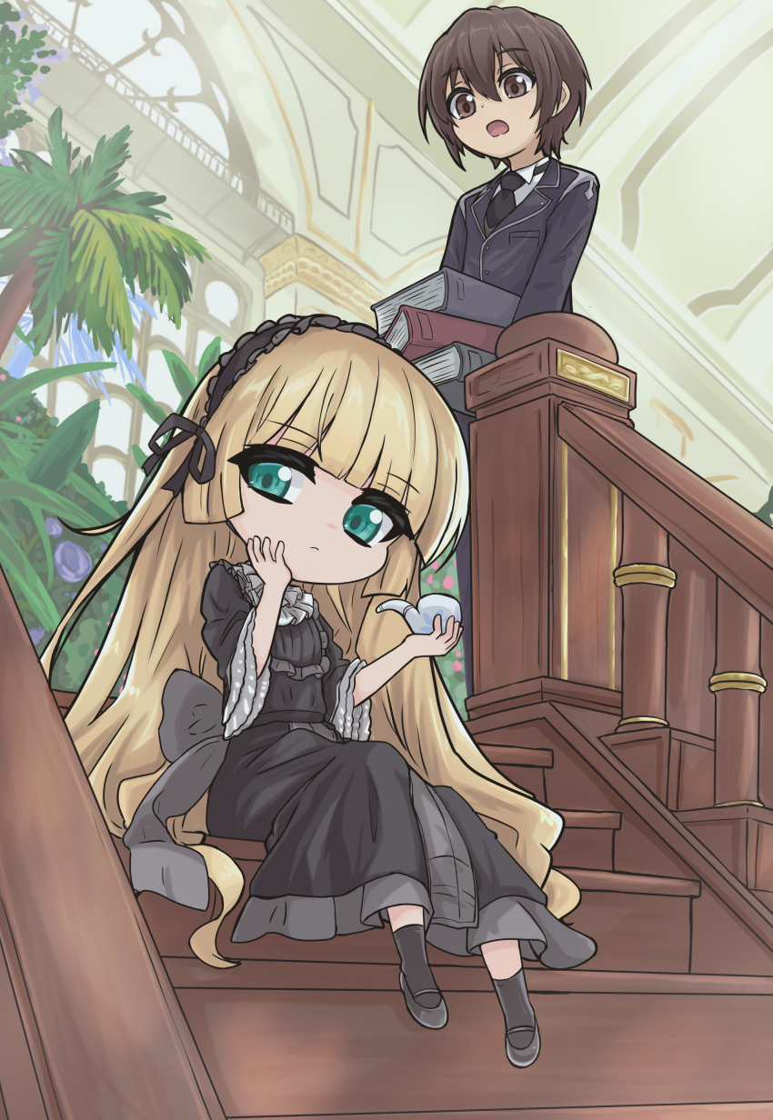 1boy 1girl absurdres black_dress blonde_hair book book_stack brown_eyes brown_hair chibi dress expressionless gosick gothic_lolita green_eyes highres holding holding_smoking_pipe indoors kujou_kazuya lolita_fashion long_hair looking_at_viewer open_mouth sitting smoking_pipe stairs tie-pin_03 very_long_hair victorica_de_blois