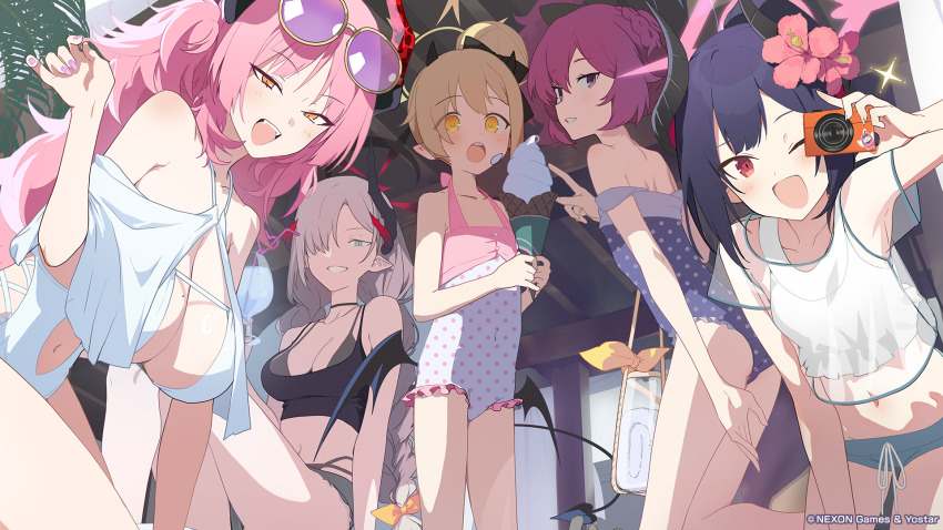 5girls :d akinashi_yuu bikini black_bikini black_horns black_tail blue_archive blue_halo blue_one-piece_swimsuit blush breasts camera casual_one-piece_swimsuit chiaki_(blue_archive) clothing_cutout demon_girl demon_horns demon_wings flat_chest food green_eyes grey_hair grin hair_bun halo highres holding holding_camera holding_food holding_ice_cream horns huge_breasts ibuki_(anniversary_swimsuit)_(blue_archive) ibuki_(blue_archive) ice_cream iroha_(blue_archive) large_breasts long_hair looking_at_viewer makoto_(blue_archive) mole mole_on_breast multiple_girls nail_polish navel_cutout official_art one-piece_swimsuit one_eye_closed open_mouth orange_eyes pandemonium_society_(blue_archive) parted_lips pink_hair pink_halo pink_one-piece_swimsuit pointy_ears polka_dot polka_dot_swimsuit purple_eyes purple_nails red_eyes red_halo red_horns satsuki_(blue_archive) single_side_bun small_breasts smile swimsuit taking_picture teeth twintails upper_teeth_only wings yellow_eyes yellow_halo