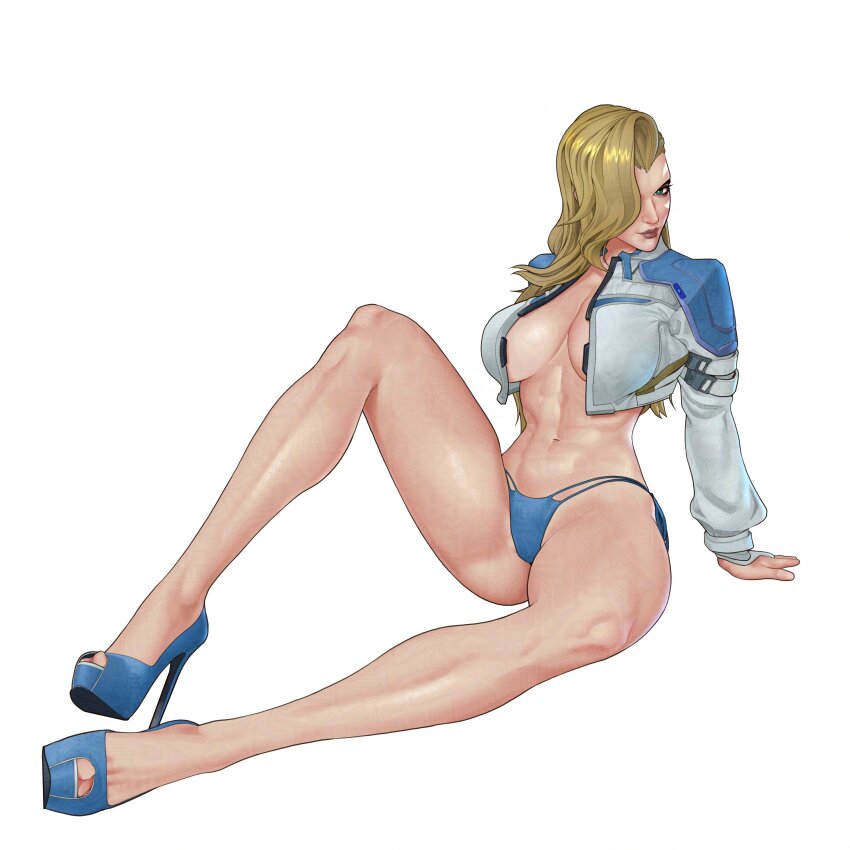 1girl absurdres blonde_hair blue_panties breasts dagger_(marvel) galaad1800 high_heels highres jacket long_hair marvel marvel_rivals open_clothes open_jacket panties simple_background solo solo_focus underwear weapon