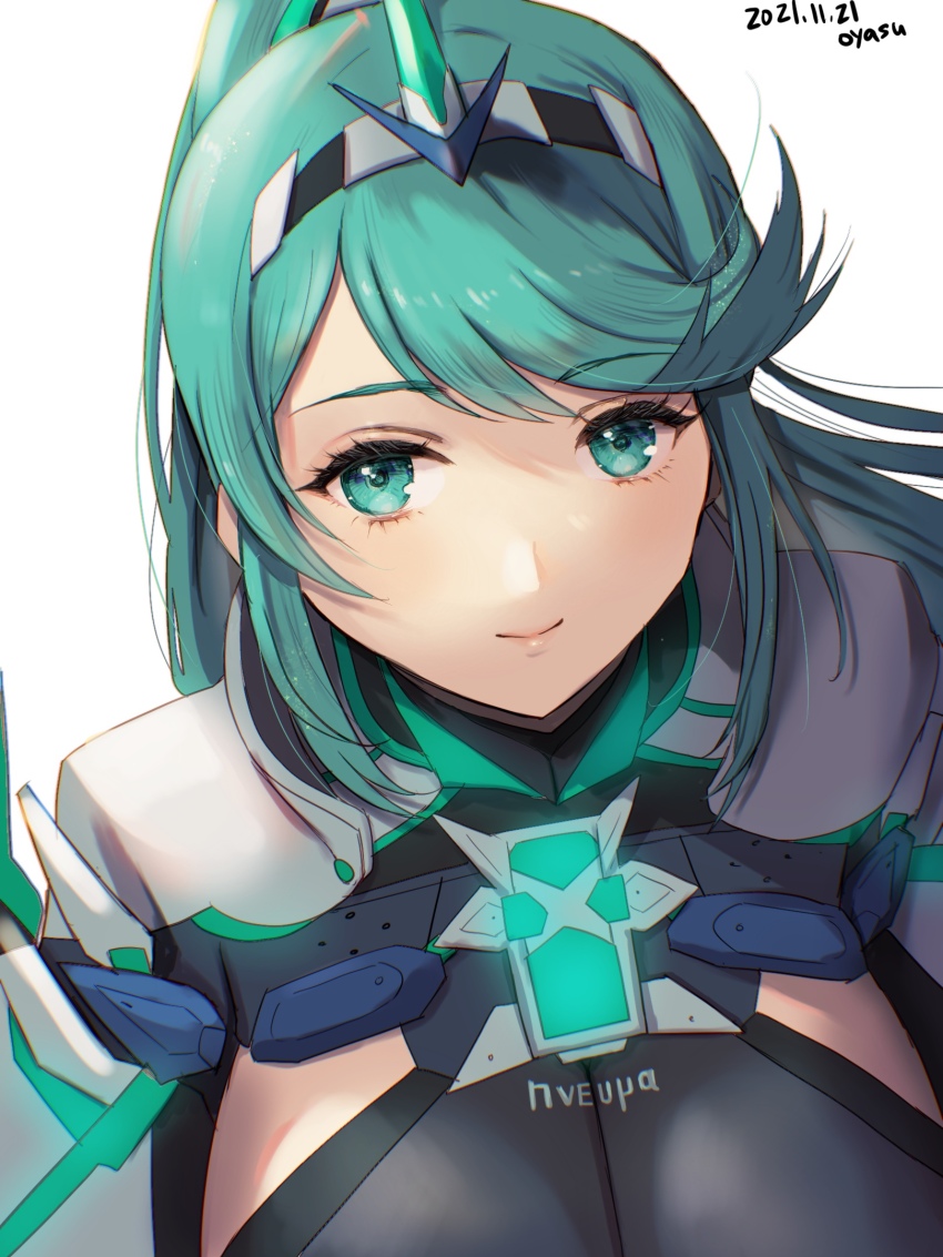 1girl breasts cleavage closed_mouth commentary_request core_crystal_(xenoblade) dated glowing green_eyes green_hair highres large_breasts long_hair looking_at_viewer loose_hair_strand pneuma_(xenoblade) simple_background smile solo swept_bangs tiara white_background xenoblade_chronicles_(series) xenoblade_chronicles_2 yamamori_kinako