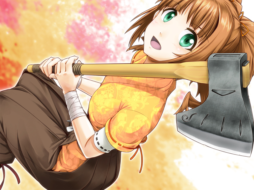 1girl alternate_costume axe bandages blush brown_hair doku_hebi female_focus green_eyes idolmaster idolmaster_(classic) looking_at_viewer looking_back open_mouth short_hair sitting smile solo takatsuki_yayoi twintails weapon