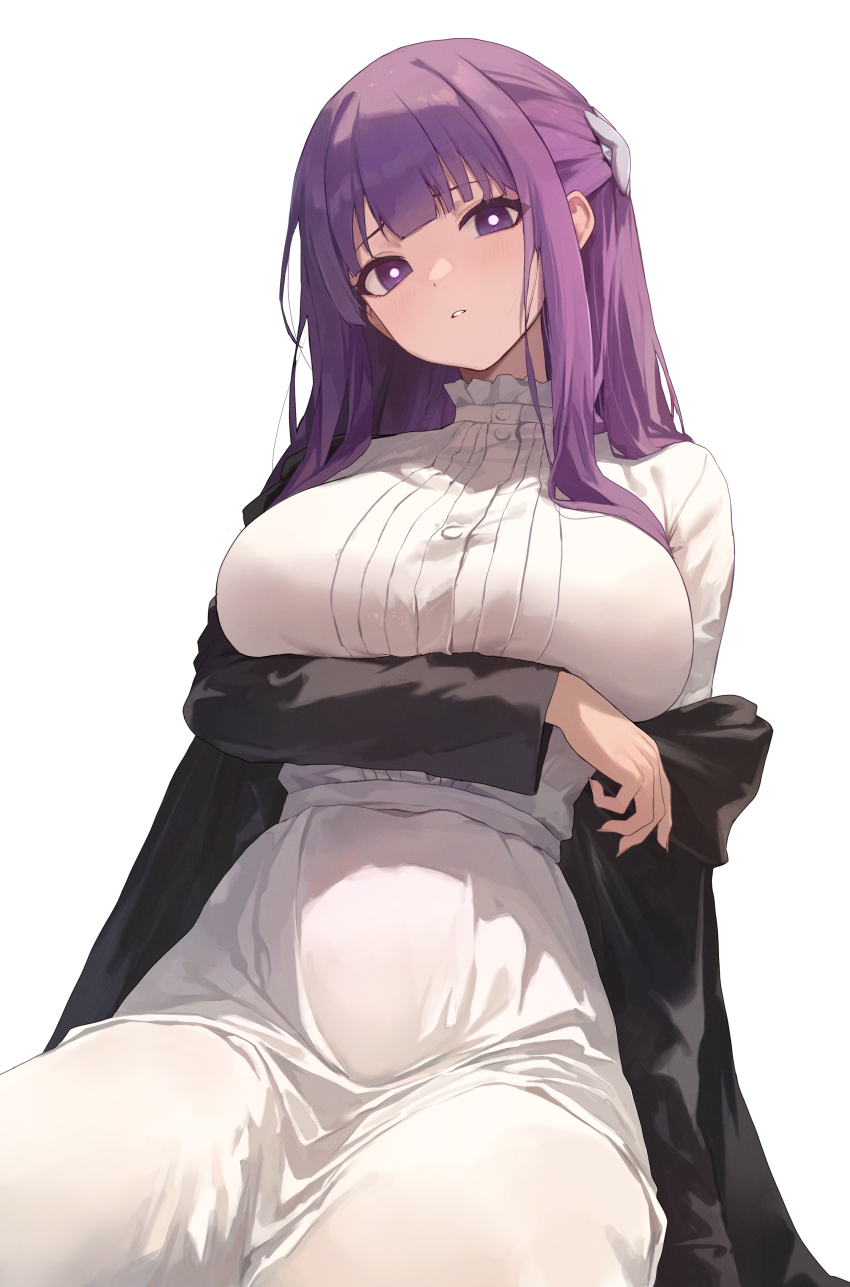 1girl absurdres arm_under_breasts black_robe blunt_bangs breasts dress fern_(sousou_no_frieren) hair_ornament highres large_breasts looking_at_viewer off_shoulder parted_lips purple_eyes purple_hair robe simple_background solo sousou_no_frieren toi1et_paper white_background white_dress