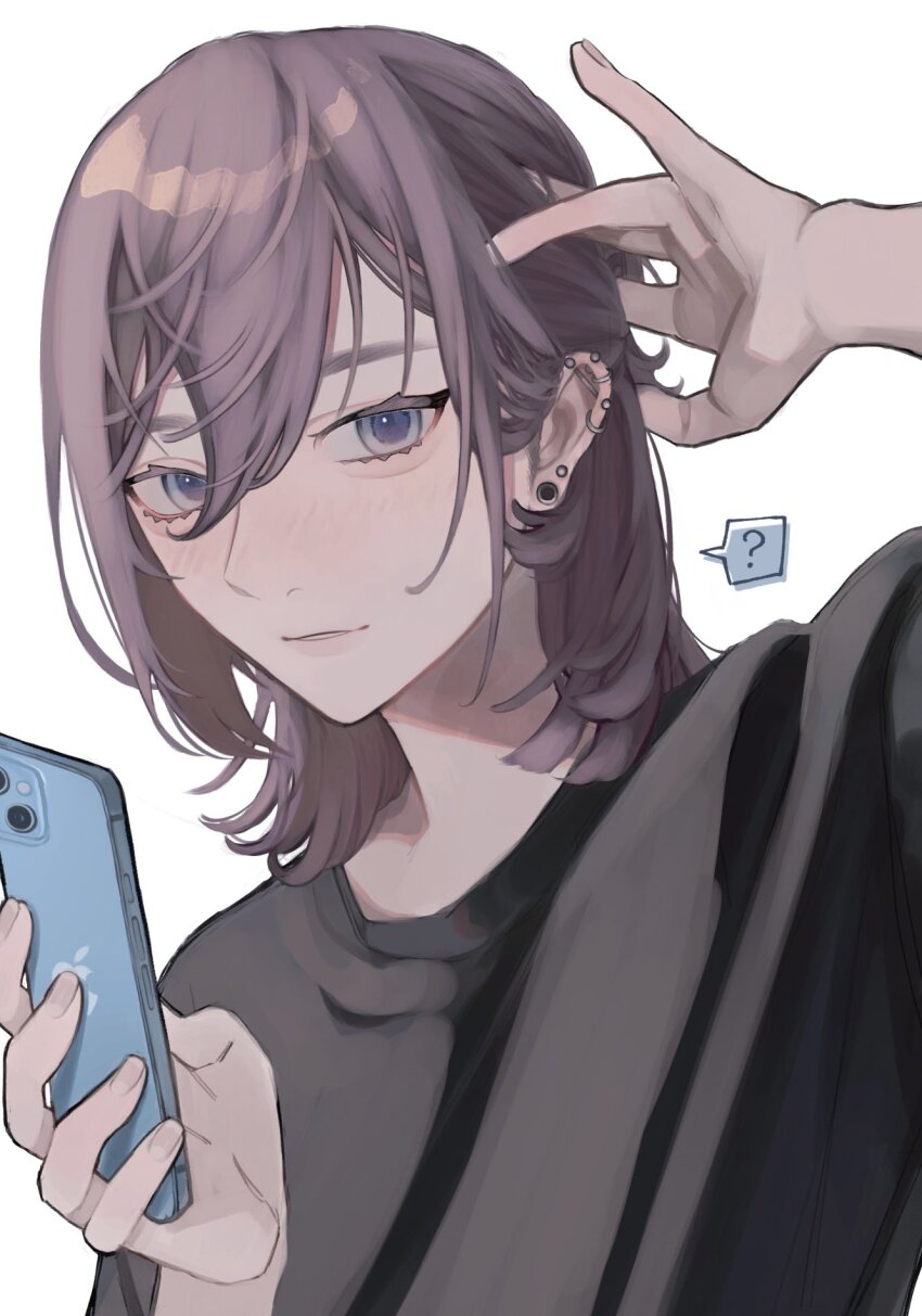 1boy ? apple_inc. arm_up black_shirt blue_eyes commentary ear_piercing earrings hair_between_eyes hair_up hand_on_own_head hand_up highres holding holding_phone inukai_(inusuki_oc) jewelry light_blush light_smile long_hair looking_at_viewer original parted_lips phone piercing purple_hair shirt simple_background solo teeth white_hair