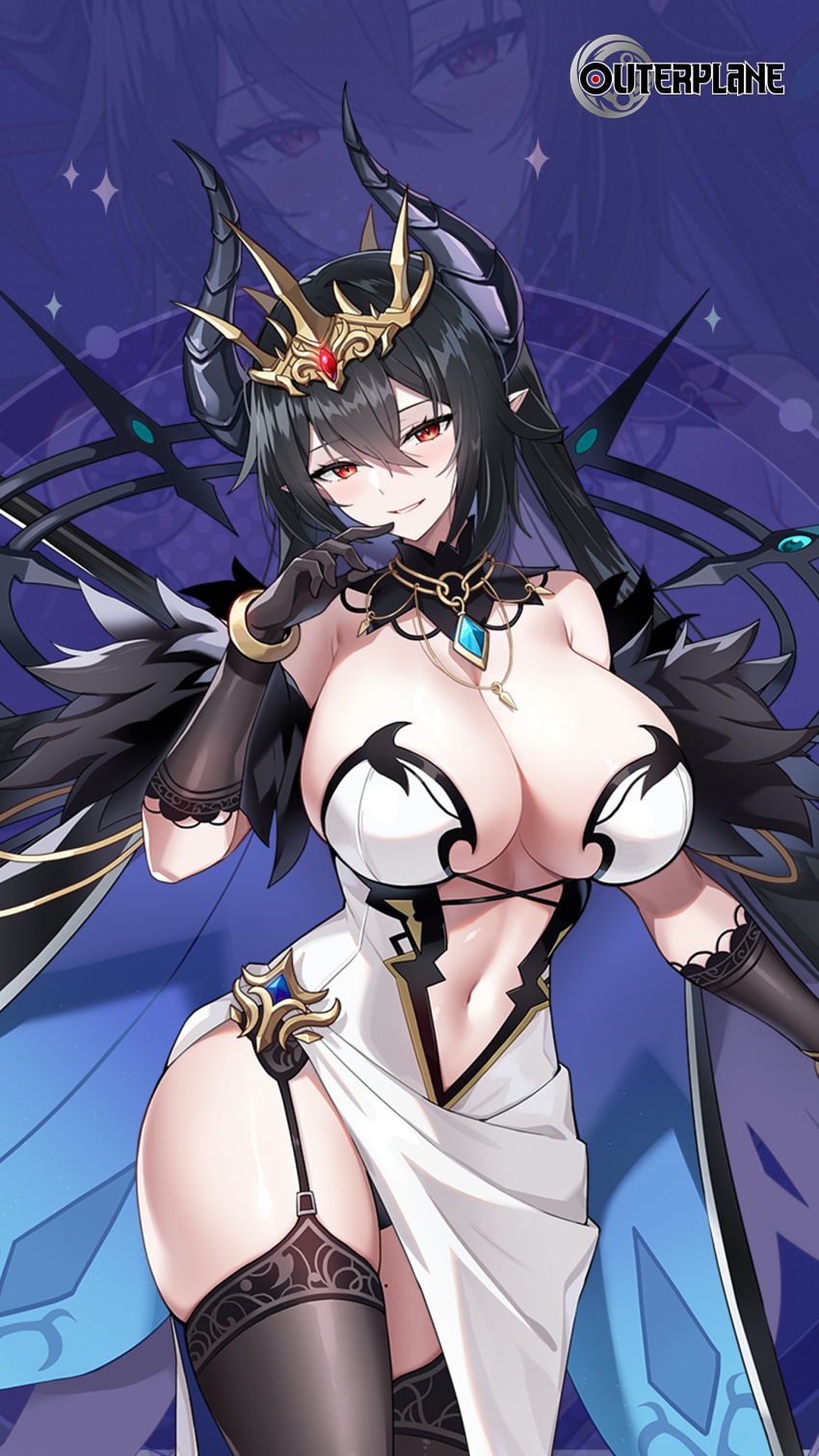 1girl absurdres bare_shoulders black_gloves black_hair bracelet breasts cape copyright_name crown demon_horns detached_collar feather_boa garter_straps gloves highres horns huge_breasts jewelry looking_at_viewer navel nella_(outerplane) official_art outerplane pointy_ears red_eyes skindentation slit_pupils wide_hips