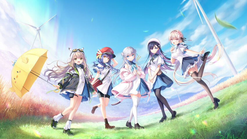 5girls anemoi animal-themed_umbrella awayuki_hiiro barley day eyewear_on_head fusaba_aino hat hayakawa_rikka highres holding holding_grass holding_umbrella multiple_girls na-ga official_art outdoors promotional_art shirato_koyomi sky textless_version tsujikura_spica umbrella windmill