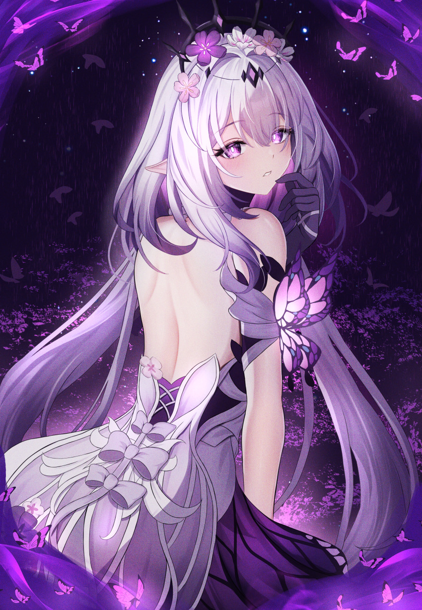 1girl absurdres back bare_shoulders bright_pupils bug butterfly castorice_(honkai:_star_rail) commentary dress flower from_behind gloves hair_flower hair_ornament hand_up highres honkai:_star_rail honkai_(series) insect long_hair looking_at_viewer median_furrow parted_lips pink_flower pointy_ears purple_butterfly purple_dress purple_eyes purple_gloves purple_hair shouhaku0512 sidelocks solo very_long_hair white_pupils