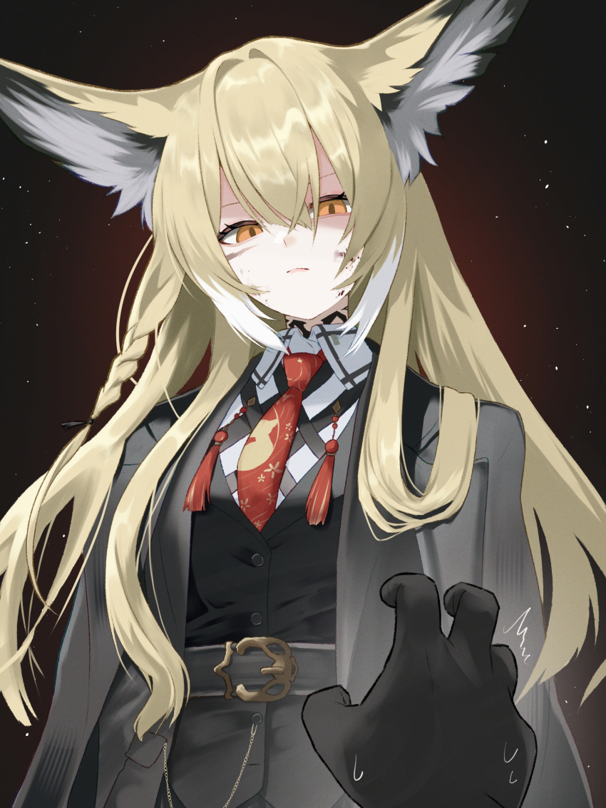 1girl absurdres animal_ear_fluff animal_ears arknights belt belt_buckle black_belt black_jacket black_vest blonde_hair blood blood_on_cheek blood_on_face buckle buttons closed_mouth collared_shirt commentary_request dr.lamina facial_scar glaring hair_between_eyes hair_intakes highres jacket light_particles looking_at_viewer multicolored_hair necktie open_clothes open_jacket orange_eyes partial_commentary pov pov_hands red_necktie scar scar_on_cheek scar_on_face shaded_face shirt sidelocks streaked_hair tassel vest vulpisfoglia_(arknights) white_hair white_shirt