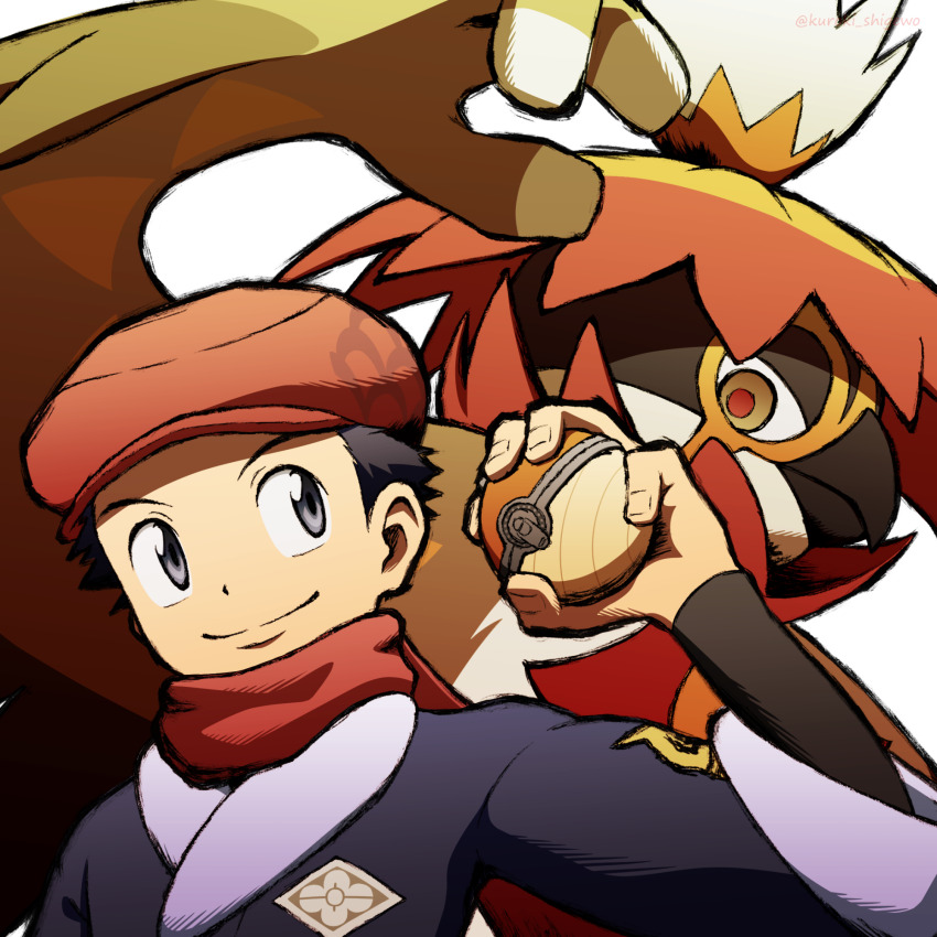 1boy ainu_clothes autumn_leaves beak bird blue_eyes blue_hair creatures_(company) feathers game_freak hat highres hisuian_decidueye holding holding_poke_ball holding_pokeball kurokishigewo leaf nintendo orange_eyes owl poke_ball pokemon pokemon_legends:_arceus red_headwear red_pupils red_scarf rei_(pokemon) scarf smile white_background winged_arms wings winter_clothes