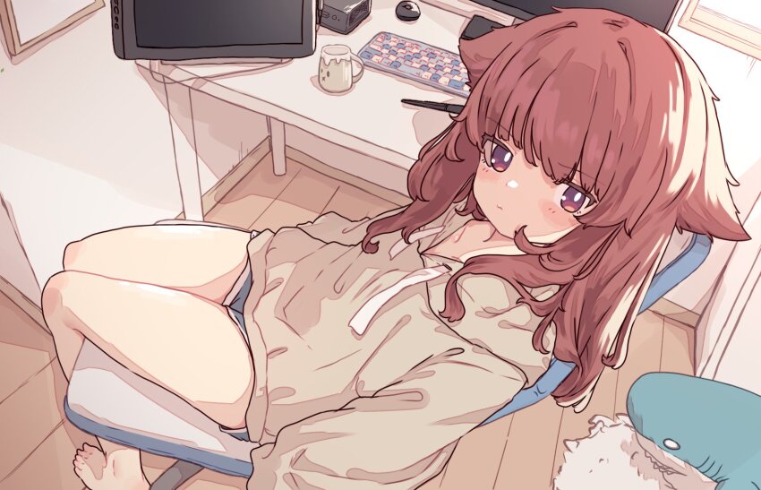 1girl animal_ears aoi_tori barefoot brown_hair chair computer_keyboard highres hood hoodie indoors looking_at_viewer original raika-chan_(aoi_tori) room shorts sitting stuffed_animal stuffed_shark stuffed_toy