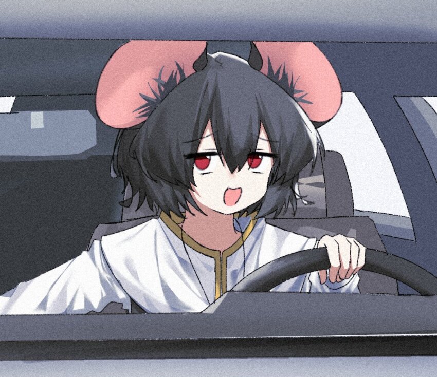 1girl car car_interior cookie_(touhou) drive_(movie) driving grey_hair jacket medium_hair motor_vehicle mouse_girl nazrin nyon_(cookie) open_mouth red_eyes solo steering_wheel touhou traveler_hxy white_jacket