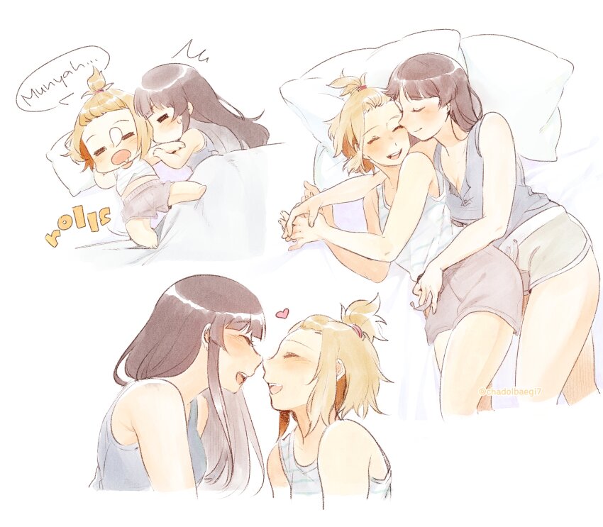 2girls :d =_= ^_^ absurdres aged_up akiyama_mio bangs_pinned_back black_hair brown_hair chadolbaegi chibi closed_eyes commentary cropped_legs dolphin_shorts english_commentary heart highres holding_hands k-on! multiple_girls multiple_views nose_bubble noses_touching on_bed open_mouth pillow shared_bed shorts sleeping smile speech_bubble tainaka_ritsu tank_top teeth topknot twitter_username upper_teeth_only yuri