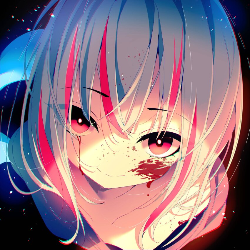 1girl black_background blood evil_smile face_focus gawr_gura highres hololive hololive_english multicolored_hair red_eyes red_hair smile tail the0neulost two-tone_hair virtual_youtuber white_hair