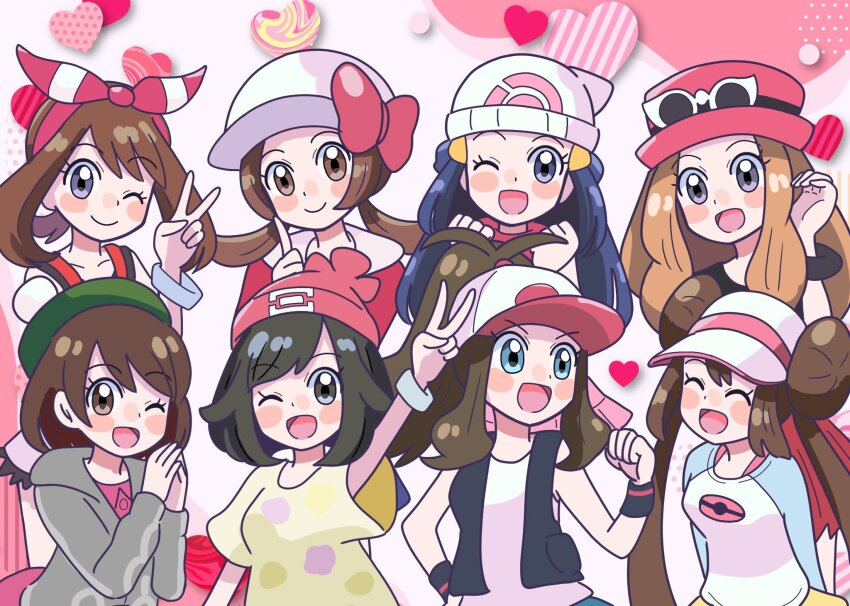 6+girls arms_behind_back baseball_cap beanie blue_eyes blue_hair blush_stickers bob_cut brown_hair closed_eyes creatures_(company) dawn_(pokemon) double_bun excited eyewear_on_headwear game_freak gloria_(pokemon) grey_sweater hair_bun hat heart highres hilda_(pokemon) long_hair lyra_(pokemon) may_(pokemon) miin_(toukotouya) multiple_girls nintendo orange_hair pokemon pokemon_bw pokemon_bw2 pokemon_dppt pokemon_hgss pokemon_oras pokemon_sm pokemon_swsh pokemon_xy ponytail rosa_(pokemon) selene_(pokemon) serena_(pokemon) shirt short_hair sleeveless sleeveless_jacket smile sunglasses sweater t-shirt upper_body v visor_cap z-ring