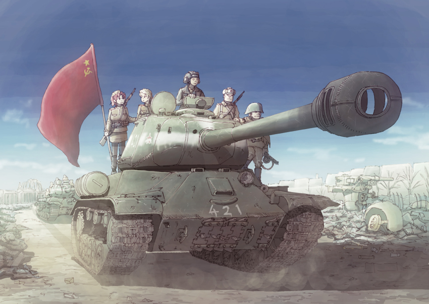 2girls 3boys earasensha flag flag_on_vehicle fur_hat gun hammer_and_sickle hat helmet is-2 looking_at_another military military_vehicle motor_vehicle multiple_boys multiple_girls original real_life soldier soviet_flag tank tank_turret ushanka weapon world_war_ii