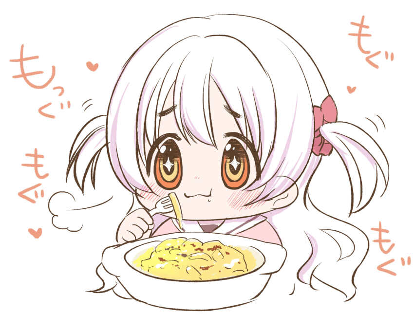 +_+ 1girl :3 aroze chewing chibi closed_mouth cropped_torso crumbs eating fork hair_ornament hair_scrunchie happy heart highres holding holding_fork light_blush long_hair macaroni_and_cheese_(food) mahou_shoujo_madoka_magica mahou_shoujo_madoka_magica:_hangyaku_no_monogatari momoe_nagisa motion_lines orange_eyes orange_shirt red_scrunchie ringed_eyes sailor_collar sailor_shirt scrunchie shirt sigh simple_background smile solo sparkling_eyes tareme two_side_up very_long_hair wavy_hair white_background white_hair white_sailor_collar