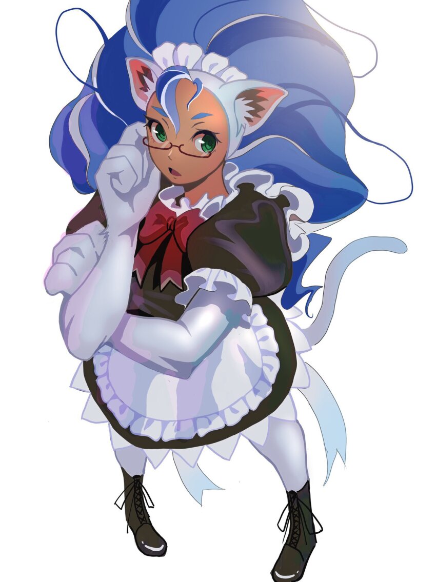 1girl animal_ear_fluff animal_ears ankle_lace-up apron big_hair black_dress black_footwear blue_hair cat_ears cat_girl cat_tail cross-laced_footwear dark_skin darkstalkers dress elbow_gloves felicia_(darkstalkers) frilled_dress frills glasses gloves green_eyes hand_on_own_cheek hand_on_own_face highres maid maid_apron maid_headdress meke_(77842928) open_mouth pants red_ribbon ribbon shoes simple_background tail white_apron white_gloves white_pants