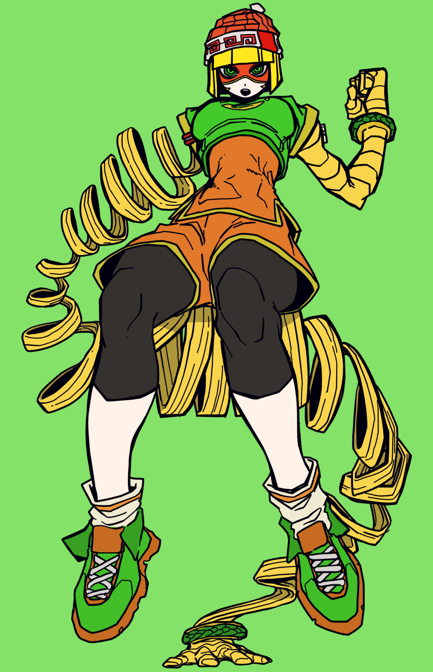 1girl arms_(game) beanie blonde_hair blunt_bangs bone_nigi bracelet eye_mask green_background green_eyes green_footwear hat highres jewelry leggings leggings_under_shorts min_min_(arms) orange_shirt orange_shorts perspective shirt shoes short_hair shorts sneakers solo stretched_limb