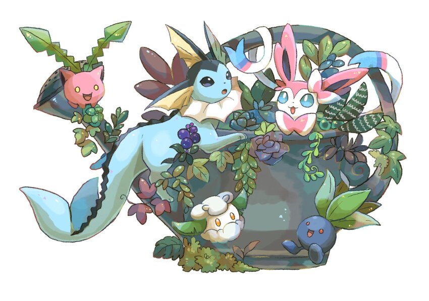 bad_tag blue_eyes bow commentary cottonee creatures_(company) fins flower game_freak gen_1_pokemon gen_2_pokemon gen_5_pokemon gen_6_pokemon head_fins highres hoppip nintendo no_humans oddish open_mouth orange_eyes plant pokemon pokemon_(creature) red_eyes ribbon smile sylveon symbol-only_commentary vaporeon volpecorvo watering_can yellow_eyes