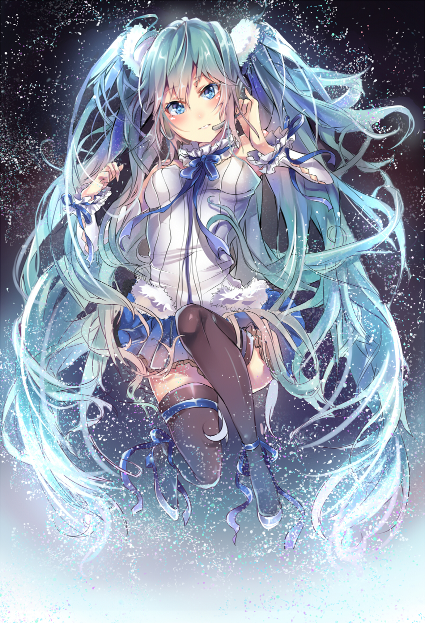 1girl black_thighhighs blue_hair blue_ribbon blue_skirt blush detached_sleeves female_focus hatsune_miku highres long_hair microphone pleated_skirt ribbon shirt skirt solo takitou thighhighs twintails vocaloid white_shirt