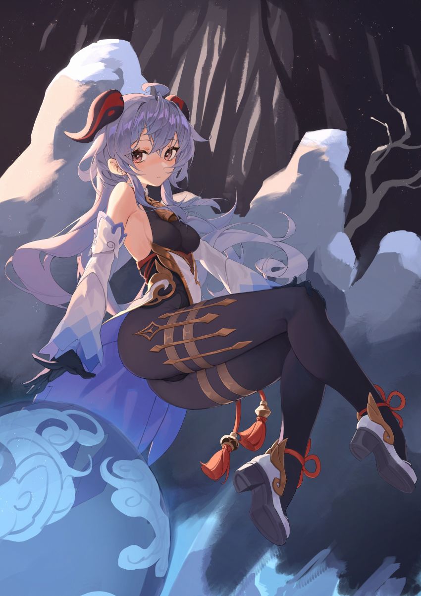 1girl :&lt; absurdres ahoge anklet bare_shoulders bell black_gloves black_leotard black_pantyhose blue_hair breasts brown_eyes chinese_knot closed_mouth cowbell detached_sleeves floating floating_hair full_body ganyu_(genshin_impact) genshin_impact gloves goat_horns gold_trim hand_on_own_knee highres horns jewelry leotard long_hair looking_at_viewer orb pantyhose pelvic_curtain rui_(rei_leyi) sideboob sidelocks solo tassel very_long_hair waist_cape white_footwear