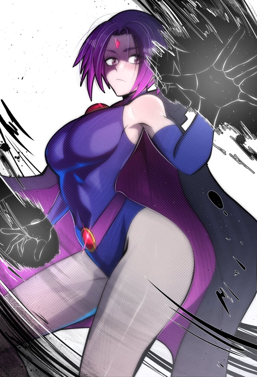 1girl ass bare_legs bare_shoulders breasts cloak colored_skin dc_comics elbow_gloves fingerless_gloves forehead_jewel gloves grey_skin highres hood hooded_cloak large_breasts leotard multiversus pale_skin purple_eyes purple_hair purple_leotard raven_(dc) short_hair solo teen_titans thatamaan thighs umbrakinesis white_background