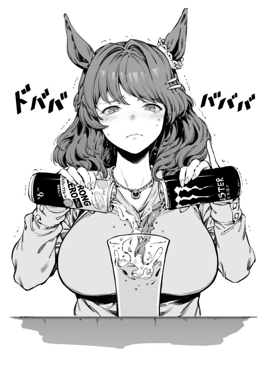 1girl alcohol animal_ears bacius breasts can closed_mouth cup ear_ornament greyscale hair_ornament hairclip highres holding holding_can horse_ears horse_girl jewelry large_breasts light_hello_(umamusume) long_hair long_sleeves looking_at_viewer medium_hair monochrome monster_energy necklace simple_background solo strong_zero tearing_up text_background translation_request umamusume upper_body white_background