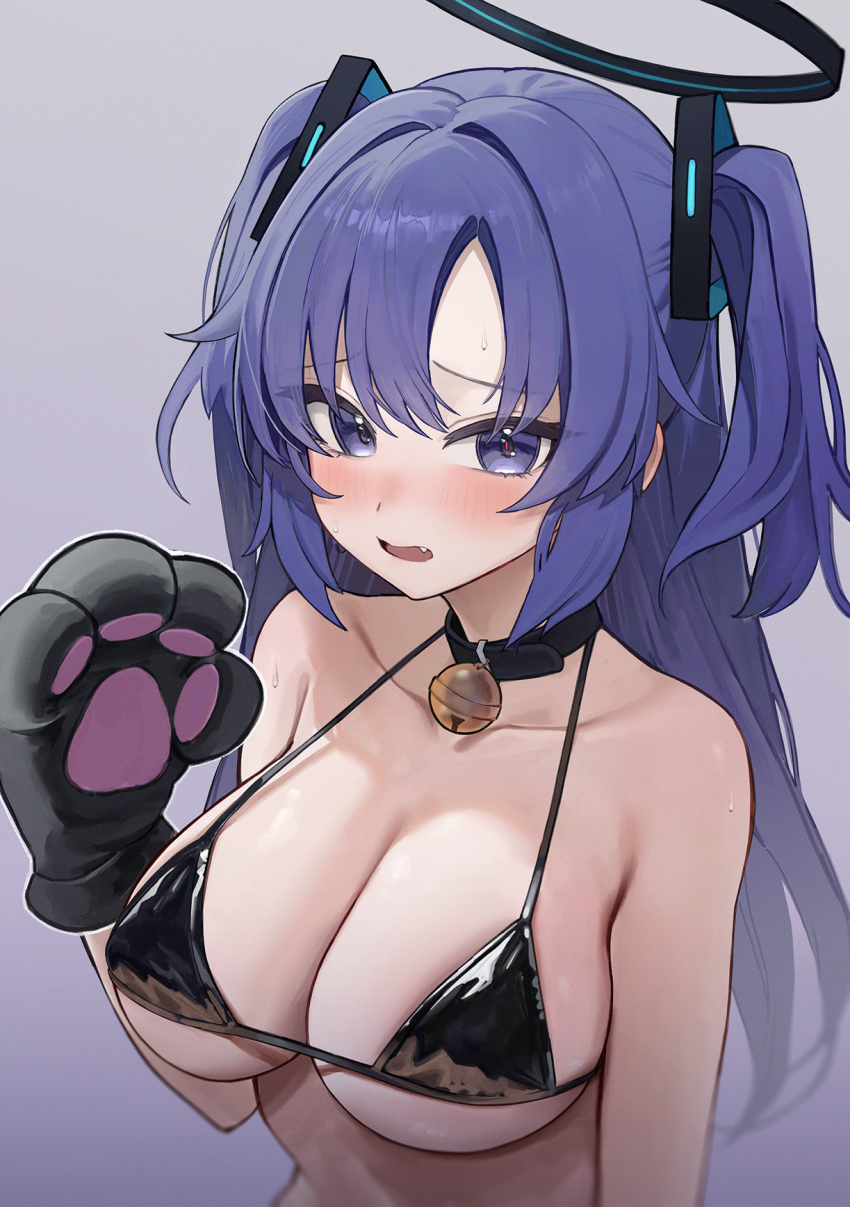 1girl alternate_costume animal_hands bell bikini black_bikini black_collar black_halo blue_archive blue_eyes blue_hair blush breasts cleavage collar collarbone commentary_request fang gloves hair_intakes hair_ornament halo hand_up highres jingle_bell large_breasts long_hair looking_at_viewer mechanical_halo neck_bell num_s1x open_mouth paw_gloves solo swimsuit triangle_hair_ornament upper_body yuuka_(blue_archive)