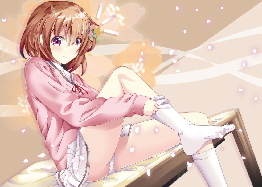 1girl bad_id bad_pixiv_id brown_hair cardigan closed_mouth flower gochuumon_wa_usagi_desu_ka? hair_between_eyes hair_flower hair_ornament highres hoto_cocoa kohakugin leg_lift panties pantyshot pink_cardigan purple_eyes short_hair sitting skirt smile socks solo thighs underwear white_panties white_skirt white_socks