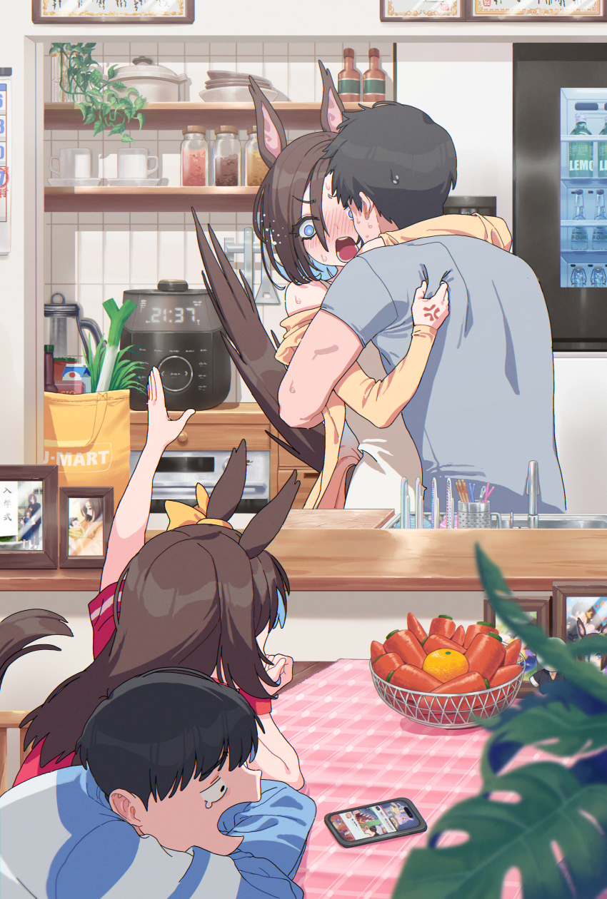 2boys 2girls absurdres acaa air_groove_(umamusume) anger_vein animal_ears apron blue_eyes blush bow brown_hair carrot caught cellphone commentary ear_bow father_and_daughter father_and_son food fruit hair_between_eyes highres horse_ears horse_girl horse_tail hug interrupted long_hair mandarin_orange mother_and_daughter mother_and_son multicolored_hair multiple_boys multiple_girls phone photo_(object) picture_frame shirt short_hair skirt smartphone tail trainer_(umamusume) umamusume