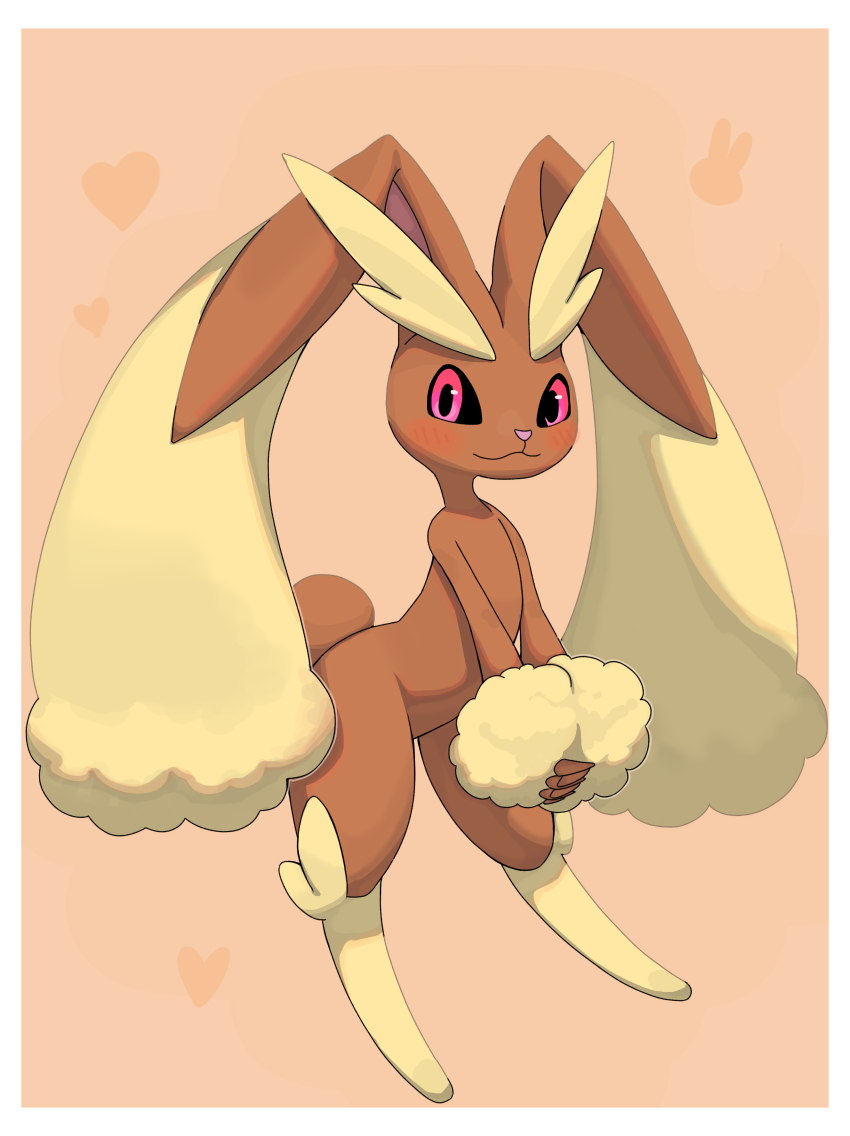 1girl animal_nose black_sclera blush body_fur border brown_fur closed_mouth colored_sclera creatures_(company) female_focus flat_chest full_body furry furry_female game_freak gen_4_pokemon happy heart heart_background interlocked_fingers legs long_ears looking_at_viewer lopunny nintendo orange_background own_hands_together pink_eyes pokemon pokemon_(creature) rabbit_ears rabbit_girl rabbit_tail short_tail simple_background smile solo standing tail thighs tofu_mochi two-tone_fur white_border yellow_fur