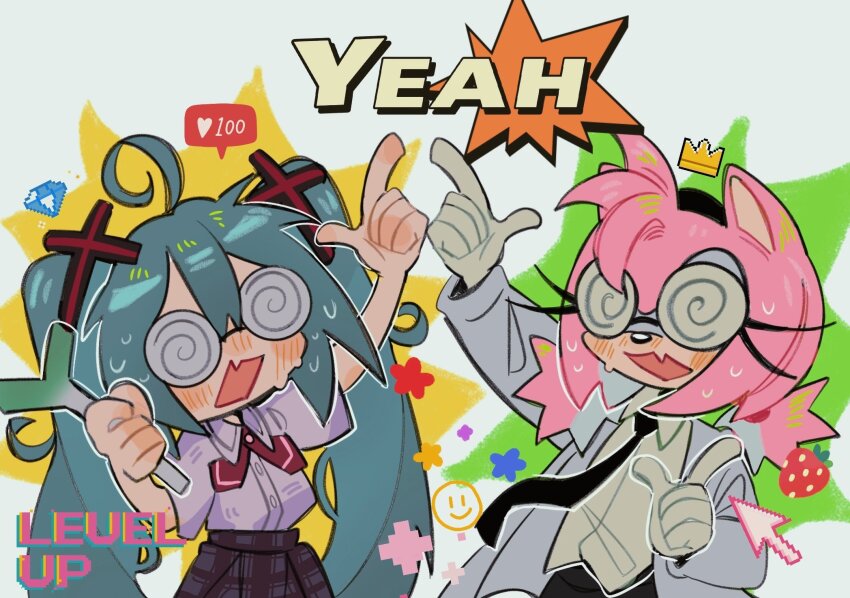 2girls amy_rose animal_ears aqua_hair arm_up black_necktie black_skirt blush coat coke-bottle_glasses commentary confessions_of_a_rotten_girl_(vocaloid) cross_hair_ornament cursor english_commentary english_text food fruit furry furry_female glasses hair_between_eyes hair_ornament hatsune_miku hedgehog_girl highres index_finger_raised long_eyelashes long_hair medium_hair multiple_girls neckerchief necktie pink_fur plaid_clothes plaid_skirt red_neckerchief shirt shirt_tucked_in short_sleeves skirt sonic_(series) spring_onion strawberry sweatdrop twintails upper_body white_coat white_shirt xue_gin