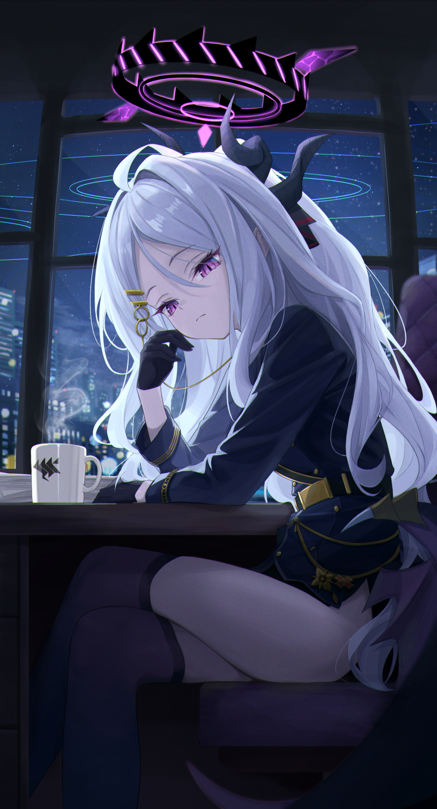 1girl absurdres ahoge black_gloves black_horns black_thighhighs blue_archive closed_mouth commentary crossed_legs cup dixo_(user_srff3835) eyelashes feet_out_of_frame from_side frown gloves hair_intakes halo hand_up head_on_hand highres hina_(blue_archive) horns indoors leaning_forward long_sleeves looking_at_viewer low_wings military_uniform mug multiple_horns night parted_bangs prefect_team_(blue_archive) purple_eyes purple_wings sitting slit_pupils socks solo steam thighhighs thighs tsurime white_hair window wings