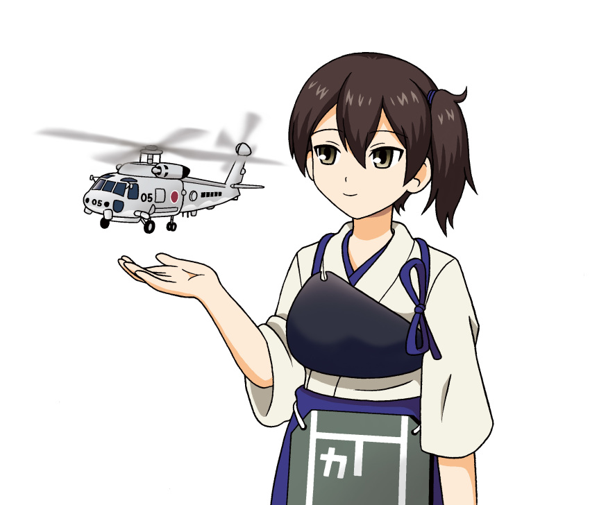 10s 1girl aircraft brown_eyes brown_hair commentary_request female_focus helicopter highres hoshino_banchou japanese_clothes kaga_(jmsdf) kaga_(kancolle) kantai_collection long_hair matching_hair/eyes muneate sh-60_seahawk side_ponytail simple_background smile solo tasuki white_background