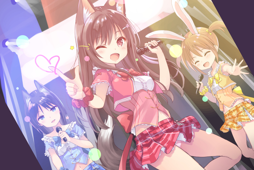 3girls :d ;d ^_^ animal_ears blue_eyes blue_hair blue_skirt bow breasts brown_hair closed_eyes flat_chest hair_bow idol light_brown_hair long_hair microphone miniskirt multiple_girls music navel one_eye_closed open_mouth original panties pantyshot pink_skirt plaid_clothes plaid_skirt rabbit_ears scrunchie short_hair short_sleeves short_twintails singing skirt small_breasts smile star_(symbol) tenjou_ryuka twintails underwear wrist_scrunchie yellow_skirt