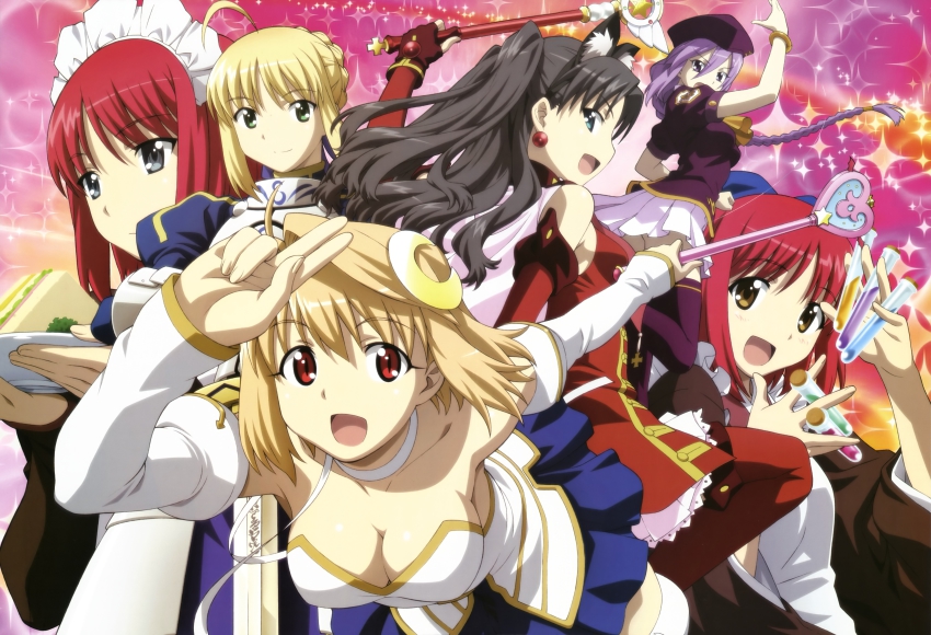 00s 6+girls absurdres ahoge animal_ears arcueid_brunestud armor artoria_pendragon_(all) artoria_pendragon_(fate) black_eyes black_hair blonde_hair blue_eyes braid breasts brown_eyes carnival_phantasm cleavage crescent crescent_hair_ornament crossover detached_sleeves fate/stay_night fate_(series) green_eyes hair_ornament hat headdress highres hisui_(tsukihime) kaleido_ruby kohaku_(tsukihime) long_hair looking_back magical_girl maid melty_blood morita_kazuaki multiple_girls non-web_source nyantype official_art open_mouth palms phantas-moon purple_eyes purple_hair red_hair saber_(fate) scan short_hair siblings single_braid sion_eltnam_atlasia sisters test_tube thighhighs tohsaka_rin toosaka_rin tsukihime twins type-moon wand zettai_ryouiki