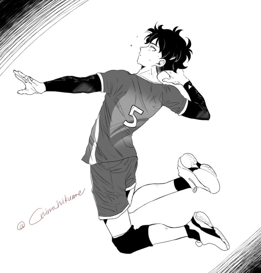 1boy chino_hikume chino_hikume clothes_writing commentary_request futsuu_no_keion-bu greyscale jumping knee_pads long_sleeves male_focus mizuo_haruichi monochrome outstretched_arm parted_lips playing_sports print_shirt profile shirt shoes short_hair shorts simple_background sneakers socks solo spiked_hair sportswear sweat t-shirt tsurime twitter_username volleyball volleyball_uniform white_background