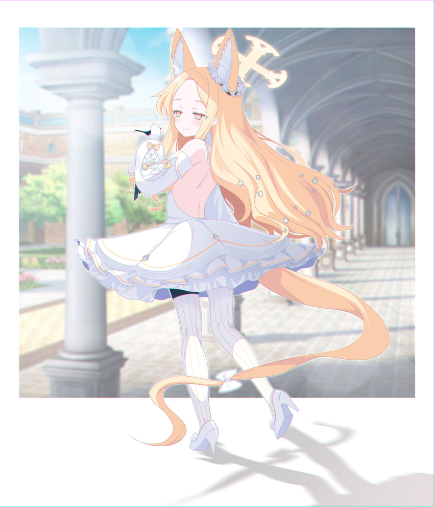 1girl animal animal_ears bare_shoulders bird blonde_hair blue_archive blush closed_mouth detached_sleeves dress eko fox_ears fox_tail halo high_heels highres long_hair pantyhose seia_(blue_archive) smile solo striped_clothes striped_pantyhose tail vertical-striped_clothes vertical-striped_pantyhose white_bird white_dress white_footwear white_pantyhose white_sleeves yellow_eyes yellow_halo