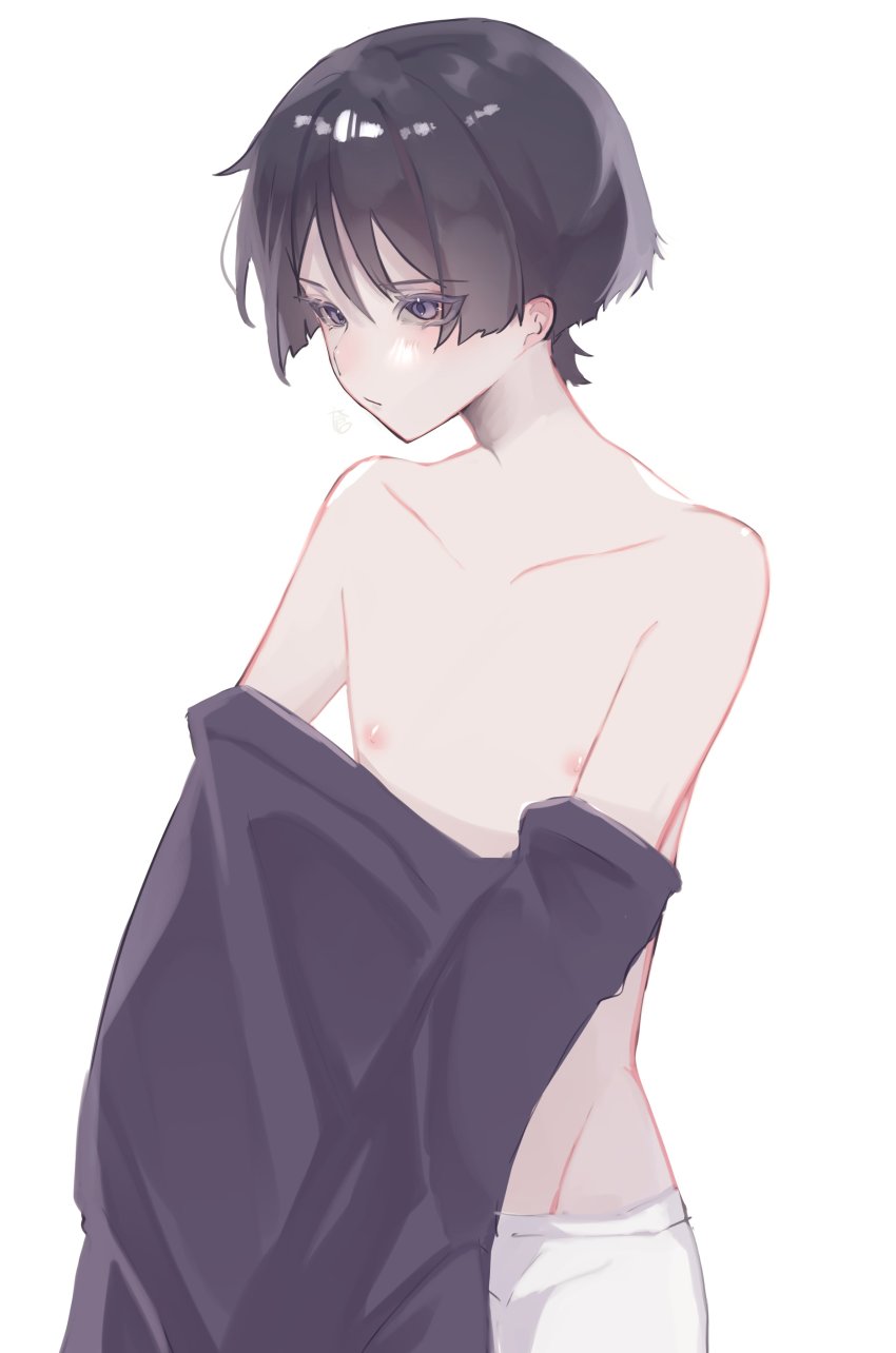 1boy absurdres black_hair blush genshin_impact hair_between_eyes highres male_focus male_underwear nero_hanken nipples purple_eyes scaramouche_(genshin_impact) shirt short_hair simple_background solo topless_male underwear undressing white_background