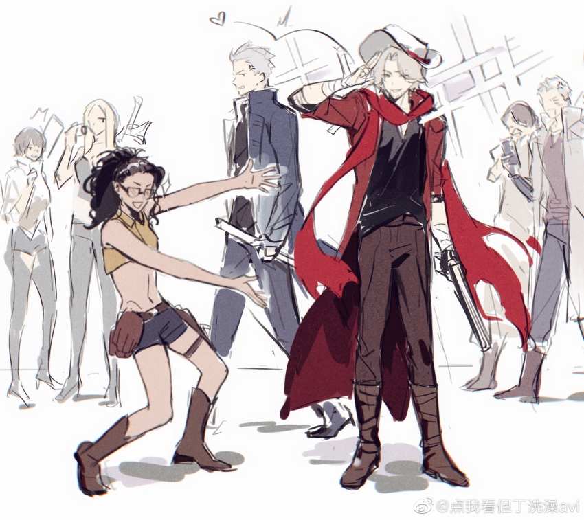 black_hair blue_coat boots brown_hair coat cowboy_boots dante_(devil_may_cry) devil_may_cry_(series) devil_may_cry_5 everyone glasses gloves highres holding kyrie_(devil_may_cry) lady_(devil_may_cry) long_hair looking_at_viewer male_focus meme multiple_boys multiple_girls navel nero_(devil_may_cry) nico_(devil_may_cry) shorts smile trish_(devil_may_cry) vergil_(devil_may_cry) weibo_7054093389 white_hair will_smith:_tada_(meme)