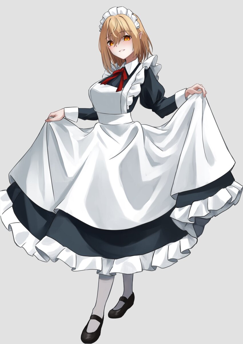 1girl 4_shika apron black_footwear blonde_hair blue_dress breasts collared_dress commentary_request dress frilled_dress frills full_body grey_background grin highres juliet_sleeves long_sleeves maid maid_apron maid_headdress mary_janes medium_breasts medium_hair mugetsu_(touhou) neck_ribbon pantyhose pointy_ears puffy_sleeves red_ribbon ribbon shoes simple_background skirt_hold smile solo touhou touhou_(pc-98) white_apron white_headdress white_pantyhose yellow_eyes