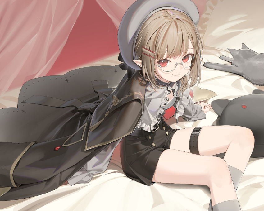 1girl bed_sheet belt black_coat black_shorts capelet cat closed_mouth coat frilled_capelet frills glasses grey_hat grey_socks hair_ornament hairclip hat kitada_mo kneehighs light_brown_hair long_sleeves looking_at_viewer mole mole_under_mouth on_bed original pillow pointy_ears puffy_long_sleeves puffy_sleeves red_eyes shorts sitting socks solo thigh_belt thigh_strap white_capelet