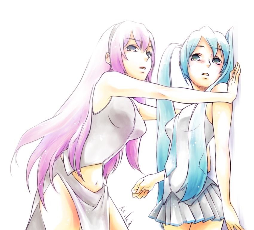 2girls aqua_eyes aqua_hair bad_id bad_pixiv_id hatsune_miku long_hair megurine_luka multiple_girls navel onshitsu_mikan pink_hair simple_background skirt twintails vocaloid yuri