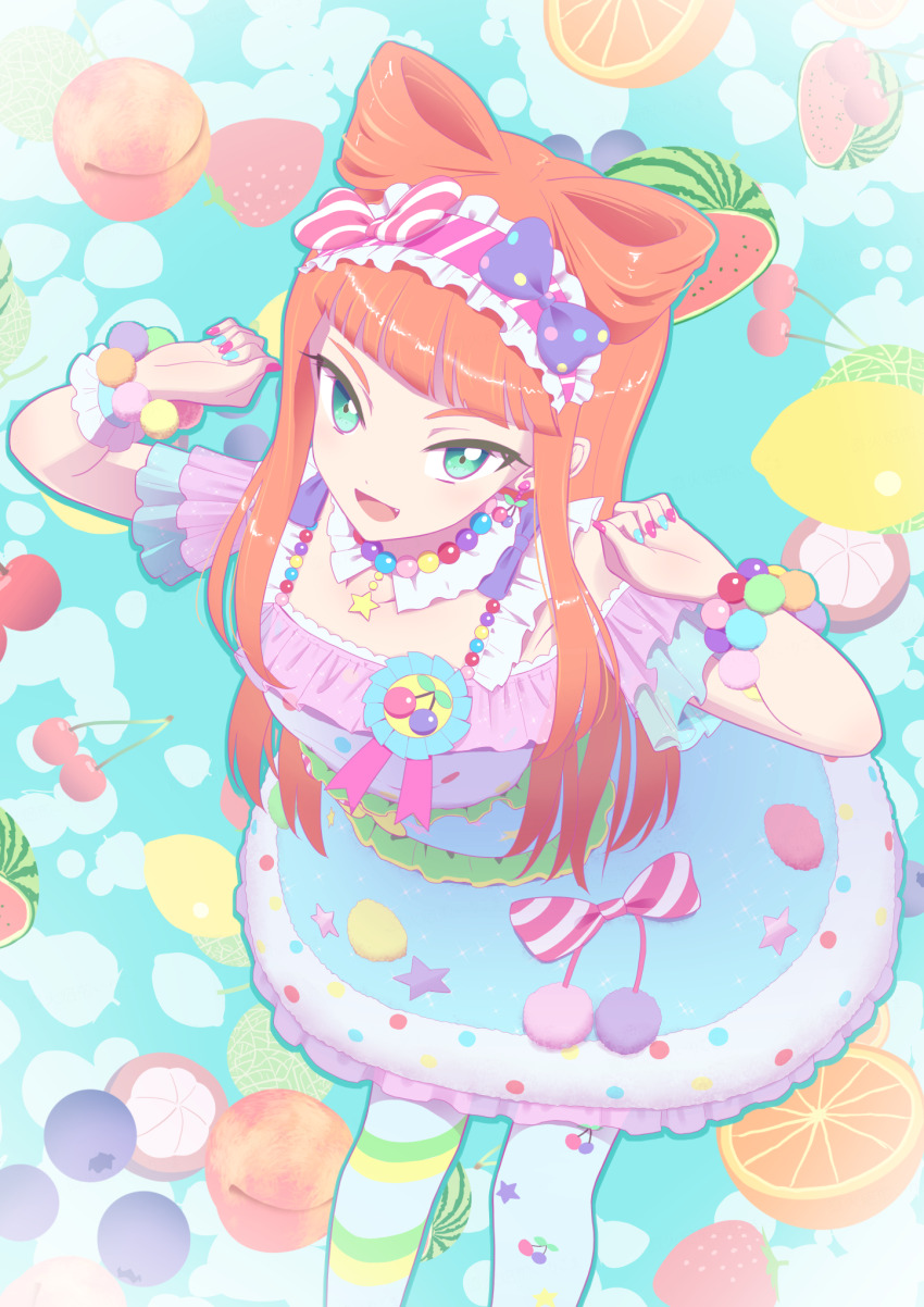 1girl :d aikatsu!_(series) aikatsu_stars! blue_dress blue_nails blue_pantyhose blunt_bangs bow bow-shaped_hair cherry clenched_hands dot_nose dress dress_bow fang food frilled_dress frilled_headwear frilled_sleeves frills fruit fruit_background green_eyes hair_bow hands_up highres irigoma_(jikabi_baisen) leaning_forward legs_apart lemon long_hair looking_at_viewer mangosteen medium_dress melon multicolored_clothes multicolored_dress open_mouth orange_(fruit) orange_hair pantyhose peach pink_bow pink_headdress purple_bow red_nails saotome_ako short_sleeves smile solo standing straight_hair strawberry striped_bow tsurime two-tone_nails watermelon