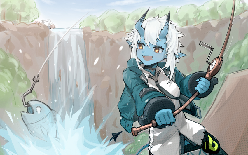 1girl absurdres blue_skin blue_sky bush chinese_commentary colored_skin cowboy_shot dodo_(yatotoyatoto) fish fishing fishing_rod green_jacket hair_between_eyes highres horns jacket open_mouth outdoors pointy_ears short_hair sidelocks sky smile solo soukaku_(zenless_zone_zero) tree water waterfall white_hair zenless_zone_zero