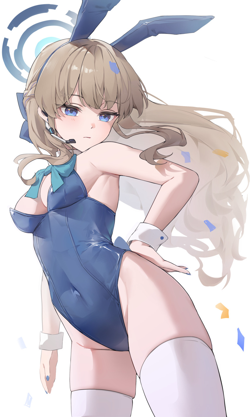 1girl absurdres animal_ears bare_shoulders blonde_hair blue_archive blue_bow blue_bowtie blue_eyes blue_halo bow bowtie breasts cleavage closed_mouth confetti earpiece fake_animal_ears ggoong_(pooplambgoong22) half_up_braid halo highleg highleg_leotard highres leotard long_hair looking_at_viewer medium_breasts official_alternate_costume official_alternate_hairstyle rabbit_ears simple_background skindentation solo strapless strapless_leotard thighhighs thighs toki_(blue_archive) toki_(bunny)_(blue_archive) white_background white_thighhighs