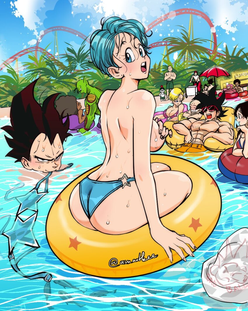 5girls 6+boys afro amartbee android_18 aqua_hair ass bald bikini black_hair blonde_hair blue_eyes breasts brown_hair bulma butt_crack chi-chi_(dragon_ball) convenient_censoring dragon_ball dragon_ball_super dragonball_z father_and_son highres husband_and_wife kuririn large_breasts majin_buu mother_and_son mr._satan multiple_boys multiple_girls muscular muscular_female piccolo short_hair son_gohan son_goku spiked_hair swimsuit tenshinhan vegeta videl water