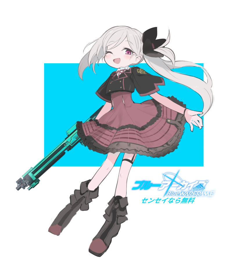 blue_archive borrowed_weapon copyright_name cropped_jacket dress full_body grey_hair gun highres kokaki_mumose long_hair looking_at_viewer mutsuki_(blue_archive) open_mouth red_dress red_eyes rifle side_ponytail smile weapon white_background