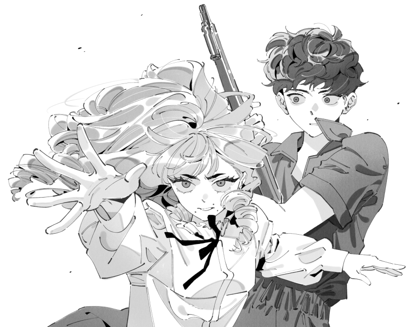 1boy 1girl behind_another commentary ddatbbam fear_&amp;_hunger_(series) fear_&amp;_hunger_2:_termina frilled_shirt_collar frills greyscale gun highres holding holding_gun holding_weapon jumpsuit levi_(fear_&amp;_hunger) long_hair long_sleeves looking_at_another marina_(fear_&amp;_hunger) monochrome mouth_piercing neck_ribbon outstretched_arm parted_lips ribbon rifle shirt short_hair short_sleeves simple_background upper_body weapon white_background