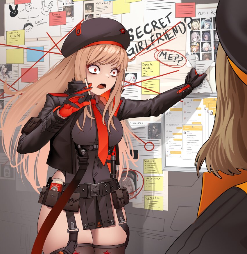 2girls absurdres anis_(nikke) beret black_gloves black_jacket black_leotard black_shirt black_thighhighs blanc_(nikke) breasts brown_hair collared_shirt commander_(nikke) cropped_jacket d_(killer_wife)_(nikke) d_(nikke) emma_(nikke) eunhwa_(nikke) gloves goddess_of_victory:_nikke hair_between_eyes hat highres isabel_(nikke) it&#039;s_always_sunny_in_philadelphia jacket leotard leotard_under_clothes long_hair lumi_(nikke) maxwell_(nikke) medium_breasts meme moran_(nikke) multiple_girls necktie noir_(nikke) orange_eyes orange_jacket panicking pepe_silvia_(meme) privaty_(nikke) rapi_(nikke) red_gloves red_jacket red_necktie rosanna_(nikke) rupee_(nikke) rupee_(winter_shopper)_(nikke) sakura_(nikke) shirt short_hair signal_(nikke) sugar_(nikke) syde_b thighhighs thighs two-sided_fabric two-sided_jacket two-tone_gloves vesti_(nikke) yulha_(nikke)